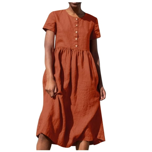 BLVB Midi Dresses for Women Summer Cotton Linen Short Sleeve Crewneck T Shirts Dress Button Casual Tunic Dress