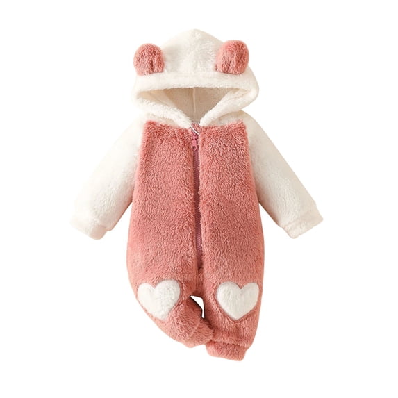 BLVB Newborn Baby Boy Girl Warm Outfits Fleece Suit Zipper Hooded Romper Heart Pattern Cute Jumpsuits Winter Clothes(Pink,6-9 Months)