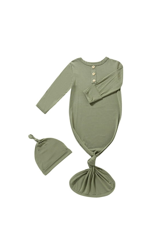 Newborn Baby Boys Girls Knotted Gown Hat Set Soft Infant Baby Sleep Gown Long Sleeve Sleepwear 0-6 Months