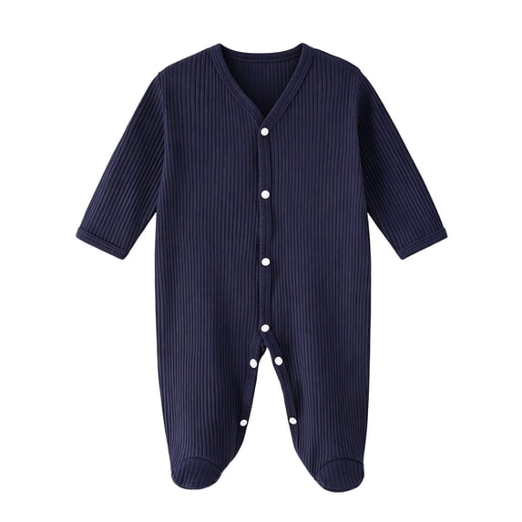 BLVB Newborn Baby Clothes Unisex Boys Girls Romper Long Sleeve Knit Ribbed Button Jumpsuit Footed Outfit(Navy,0-6 Months)