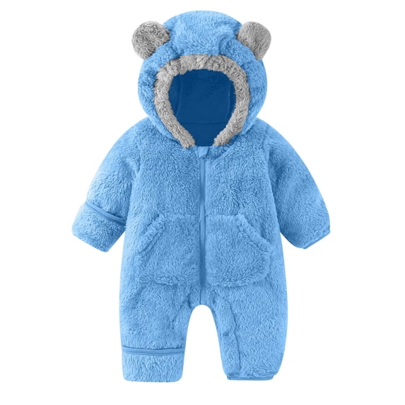 BLVB Newborn Baby Cute Warm Outfit Girls Boys Winter Fleece Clothes Hooded Romper Jumpsuit Snowsuit(Blue,3-6 Months)