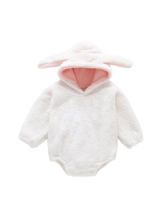 Newborn Baby Girl Boy Easter Outfit Cute Hooded Jumpsuit Romper Fleece Hoodie Bodysuit Overall Clothes(White,6-12 Months)