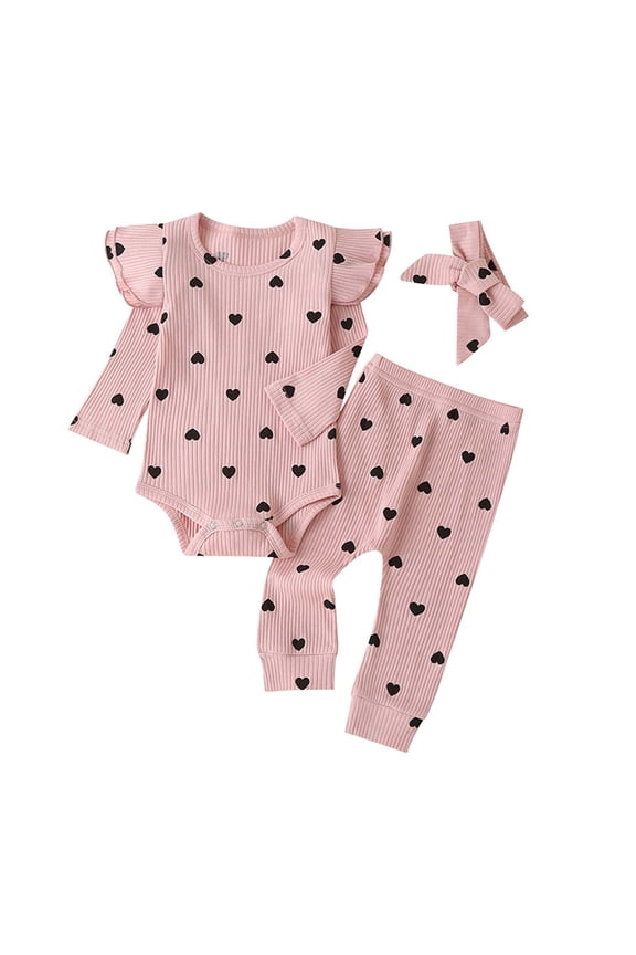 Newborn Baby Girl Clothes Ruffle Long Sleeve Romper Tops Pants Headband Infant Cute Heart Print Fall Outfits