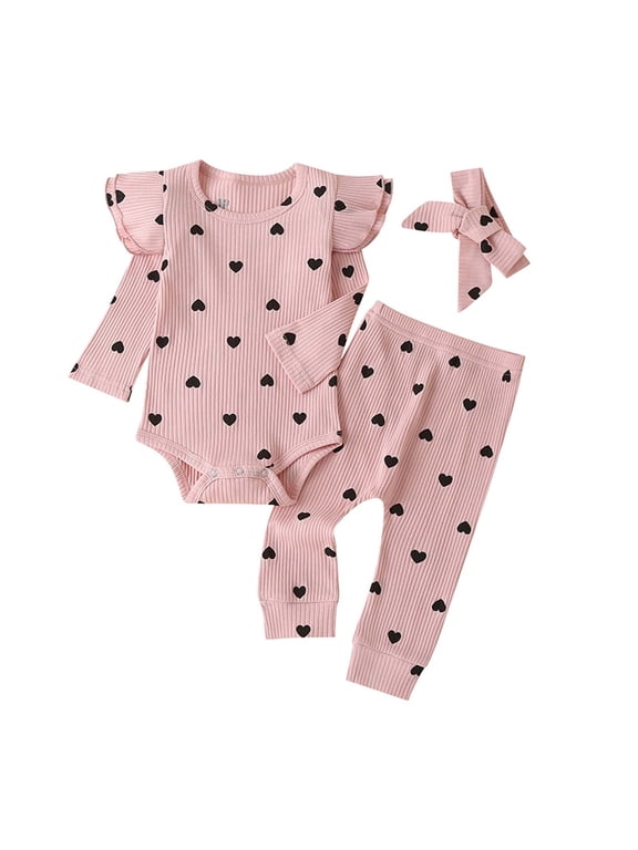 Newborn Baby Girl Clothes Ruffle Long Sleeve Romper Tops Pants Headband Infant Cute Heart Print Fall Outfits