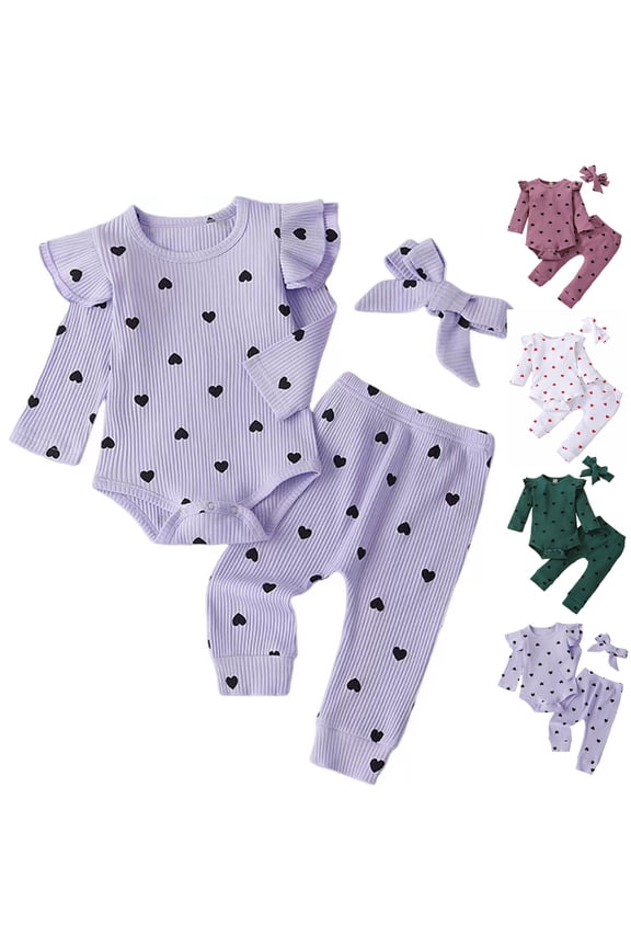 Newborn Baby Girl Clothes Ruffle Long Sleeve Romper Tops Pants Headband Infant Cute Heart Print Fall Outfits