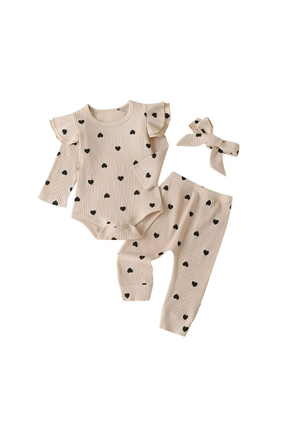 Newborn Baby Girl Clothes Ruffle Long Sleeve Romper Tops Pants Headband Infant Cute Heart Print Fall Outfits