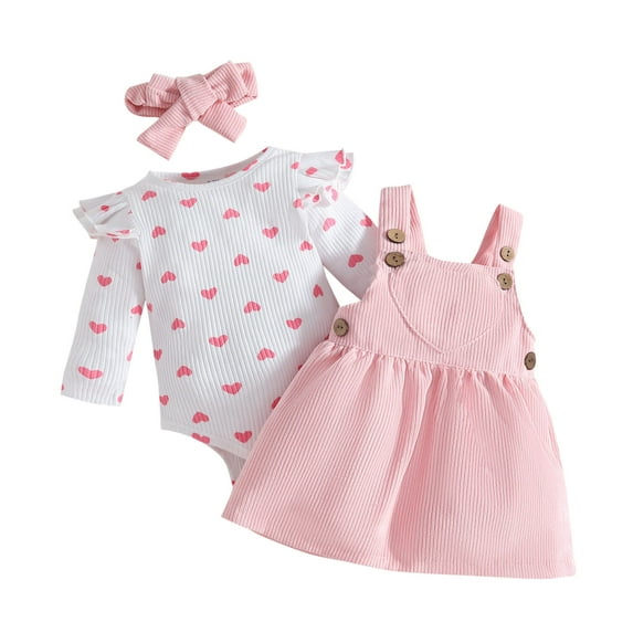 BLVB Newborn Baby Girl Valentine's Day Outfits Ruffle Long Sleeve Heart Print Ribbed Romper Corduroy Suspender Skirt Overall Dress with Headband Fall Clothes