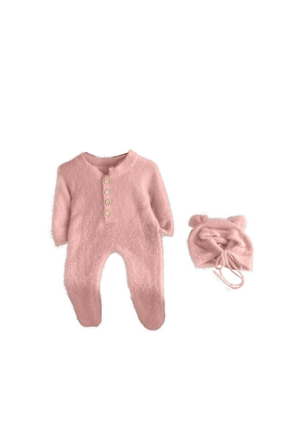 Newborn Baby Girls Boys Fall Winter Clothes Knitted Fleece Footed Romper Jumpsuit with Hat Infant Sweater Sets