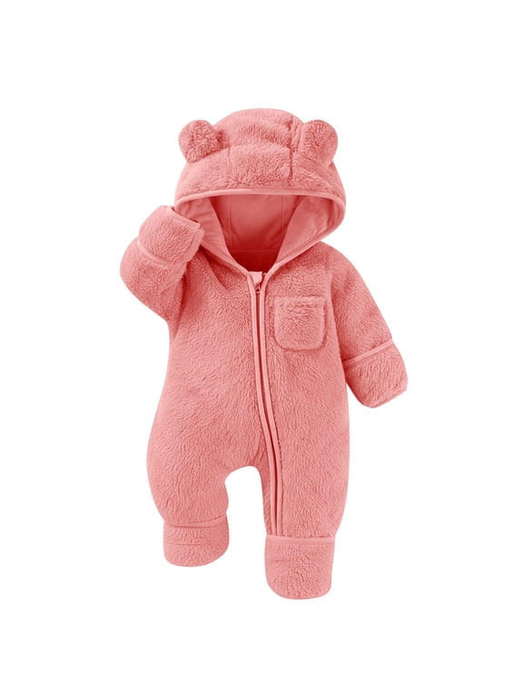 Newborn Baby Outfit with Fold-Over Mittens and Footies Girls Boys Winter Fleece Clothes Warm Hooded Romper Snowsuit