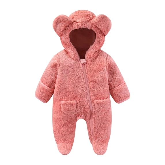 BLVB Newborn Baby Winter Clothes with Fold-Over Mittens and Footies Girls Boys Hooded Jumpsuit Fleece Romper Snowsuit(Pink,9-12 Months)