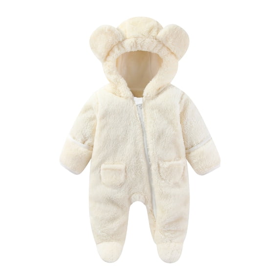 BLVB Newborn Baby Winter Clothes with Fold-Over Mittens and Footies Girls Boys Hooded Jumpsuit Fleece Romper Snowsuit(White,12-18 Months)