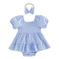 thumbnail image 1 of BLVB Newborn Infant Baby Girl Clothes Puff Short Sleeve Plaid Romper Dress Ruffle Cute Bodysuits with Bow Headband(Blue,6-12 Months), 1 of 9