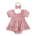 thumbnail image 1 of BLVB Newborn Infant Baby Girl Clothes Puff Short Sleeve Plaid Romper Dress Ruffle Cute Bodysuits with Bow Headband(Pink,6-12 Months), 1 of 9