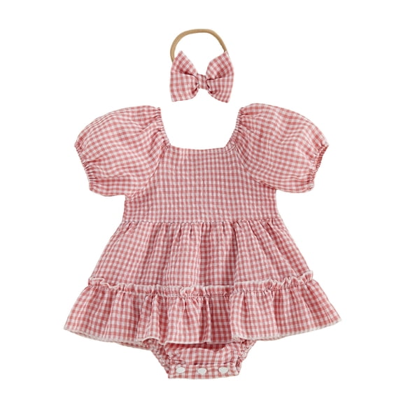 BLVB Newborn Infant Baby Girl Clothes Puff Short Sleeve Plaid Romper Dress Ruffle Cute Bodysuits with Bow Headband(Pink,6-12 Months)
