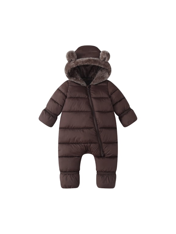 Newborn Snowsuit Babys Hooded Romper Jumpsuit Winter Warm Coats Padded Onesie for Infant Girls Boys(Brown,18-24 Months)