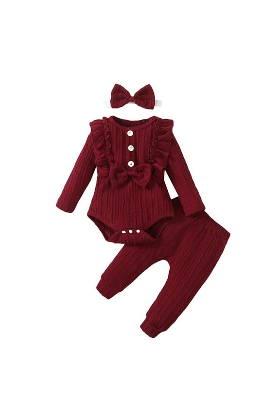 Newbron Baby Girl Fall Clothes Ribbed Knitted Long Sleeve Romper Long Pants Headband 3 PCS Infant Girl Winter Outfit
