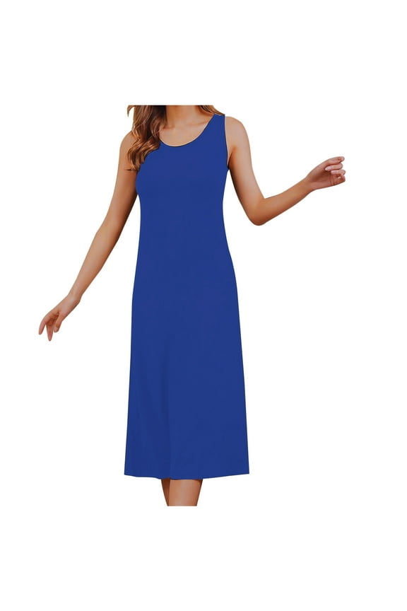 Nightgowns for Women Crewneck Sleeveless Midi Dresses Nightshirt Solid Comfy Ladies Long Nightdress Sleepwear Pjs