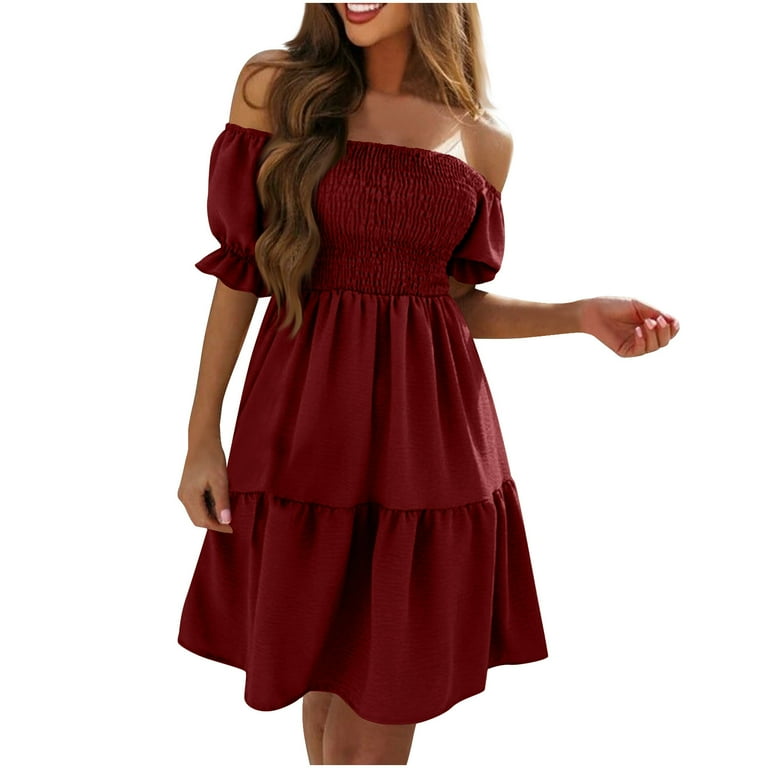BLVB Off Shoulder Dress for Women Short Sleeve Ruffle Boho Sundress Summer Casual Loose Flowy Beach Midi Dresses Walmart