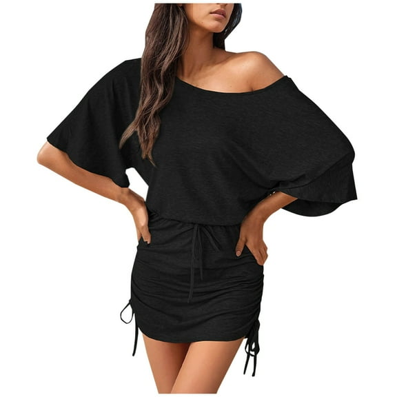 BLVB Off Shoulder Dress for Women Trendy Short Sleeve Drawstring Ruched Casual Solid Color Summer Mini Dresses