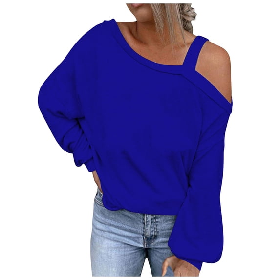BLVB Off Shoulder Tops for Women 2024 Casual Loose Long Sleeve Fall Shirts Solid Color Ladies Pullover Blouse