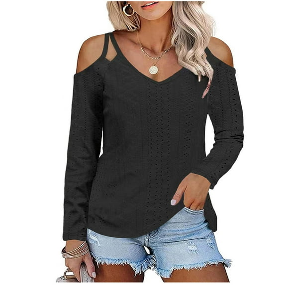 BLVB Off Shoulder Tops for Women V Neck Cutout Long Sleeve Casual Womens Fall Fashion Shirts Comfy Tunic Blouses
