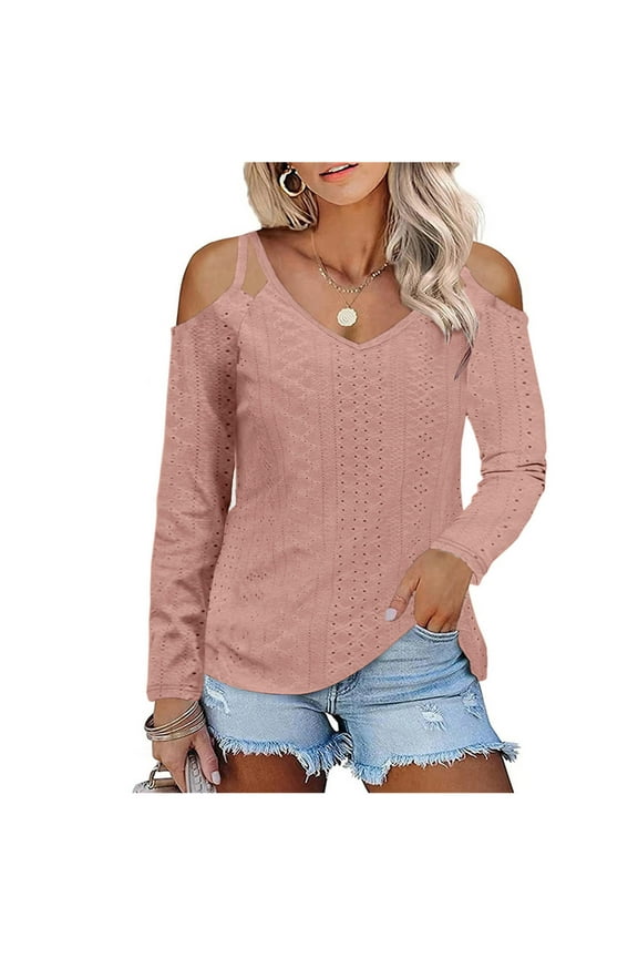 Off Shoulder Tops for Women V Neck Cutout Long Sleeve Casual Womens Fall Fashion Shirts Comfy Tunic Blouses
