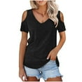 thumbnail image 1 of BLVB Off the Shoulder T Shirts for Women Short Sleeve V Neck Plain Basic Tunic Tee Tops Dressy Casual Shirts, 1 of 6