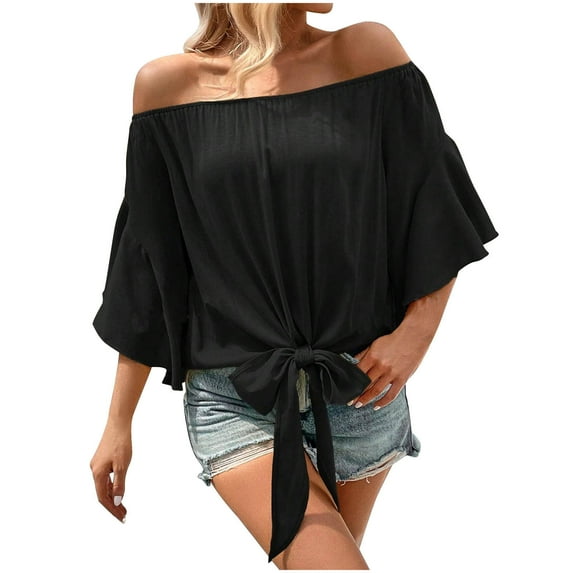 BLVB Off the Shoulder Tops Women Summer 3/4 Bell Sleeve Tie Knot Boho Shirt Blouses Beach Vacation Clothes