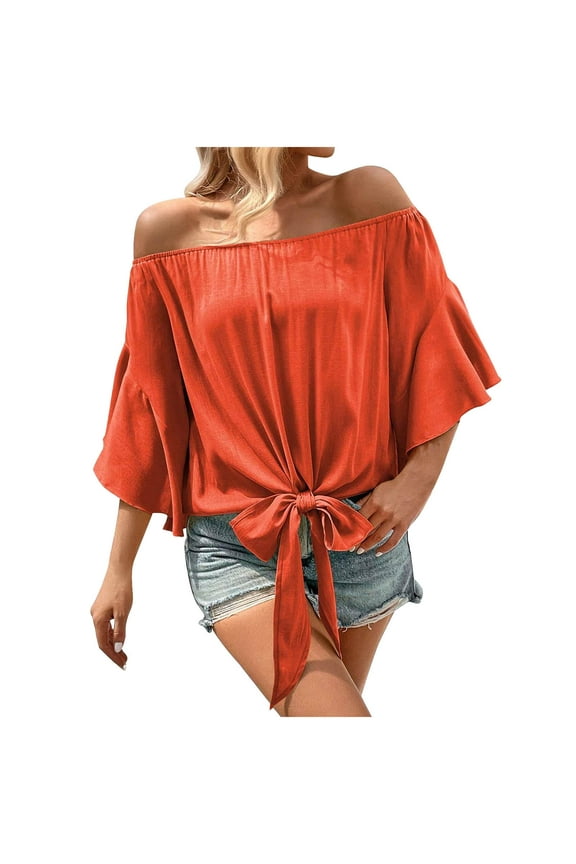 Off the Shoulder Tops Women Summer 3/4 Bell Sleeve Tie Knot Boho Shirt Blouses Beach Vacation Clothes