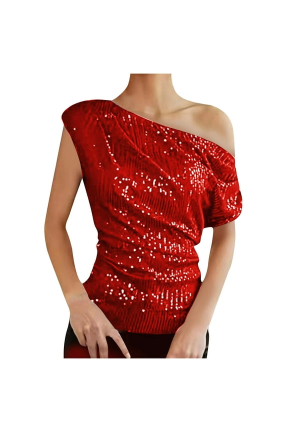 One-Shoulder Sequin Sparkly Tops for Women Ruched Asymmetrical Glitter Tops Sparkle Party Club Night Shirts