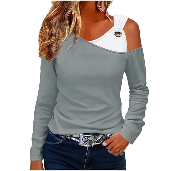 BLVB One Shoulder Tops for Women Long Sleeve Asymmetrical Shirts Color Block Trendy Fashion Tunic Tee Blouses