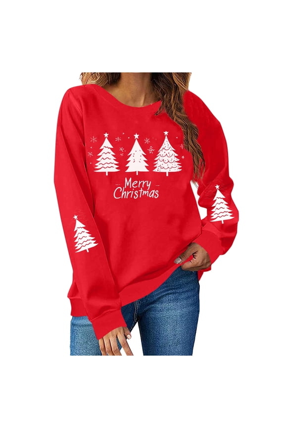 Oversized Christmas Sweatshirts for Women Drop Shoulder Christmas Tree Graphic Holiday Pullover Long Sleeve Crewneck Tops