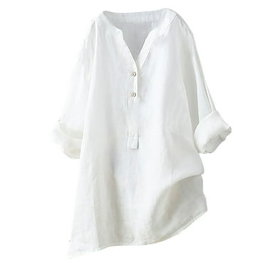 BLVB Oversized Cotton Linen Tops for Women Button V Neck Long Sleeve Lightweight Tshirts Blouses Womens Summer Fall Clothes