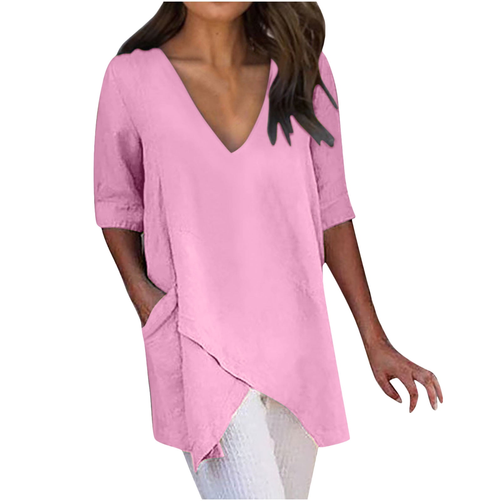 BLVB Oversized Cotton Linen Tops for Women Half Sleeve V Neck Loose ...