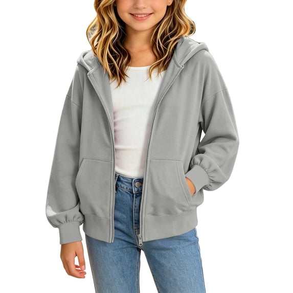 BLVB Oversized Hoodie for Girls Fall Winter Trendy Long Sleeve Zip up Hooded Sweatshirt Jackets Cute Teens Clothes(Gray,7-8 Years)