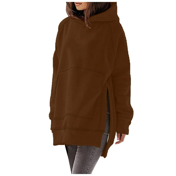 BLVB Oversized Sweatshirt for Women Long Sleeve Solid Color Hoodies Side Slit Loose Comfy Hooded Pullover with Pockets