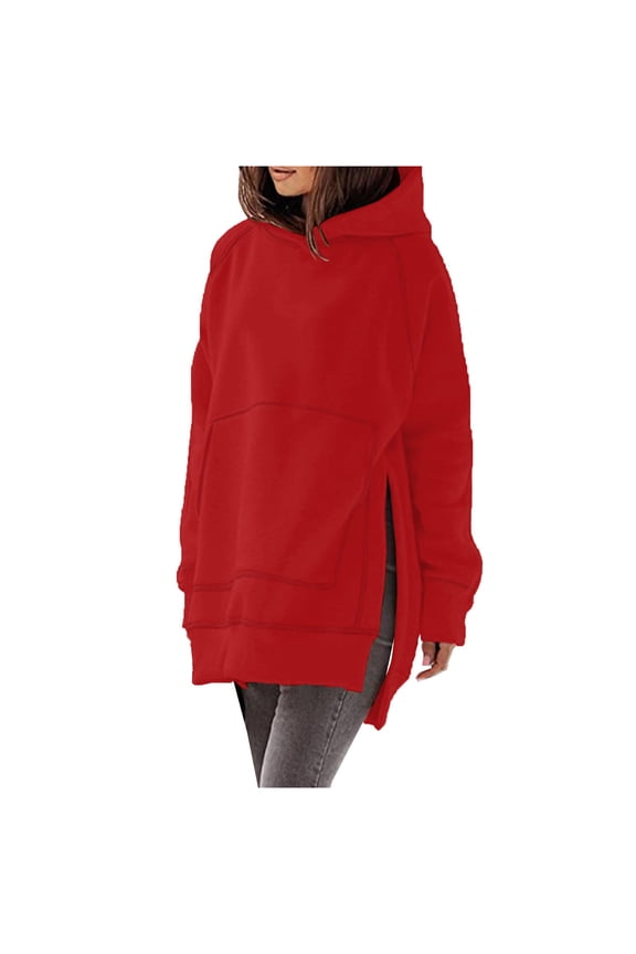 Oversized Sweatshirt for Women Long Sleeve Solid Color Hoodies Side Slit Loose Comfy Hooded Pullover with Pockets