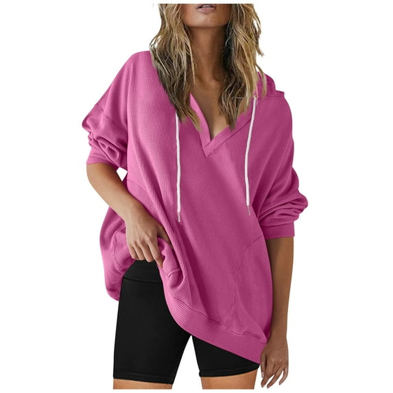 BLVB Oversized Sweatshirts for Women Long Sleeve V Neck Solid Color Hoodies Tops Loose Fall Outfits Pullover