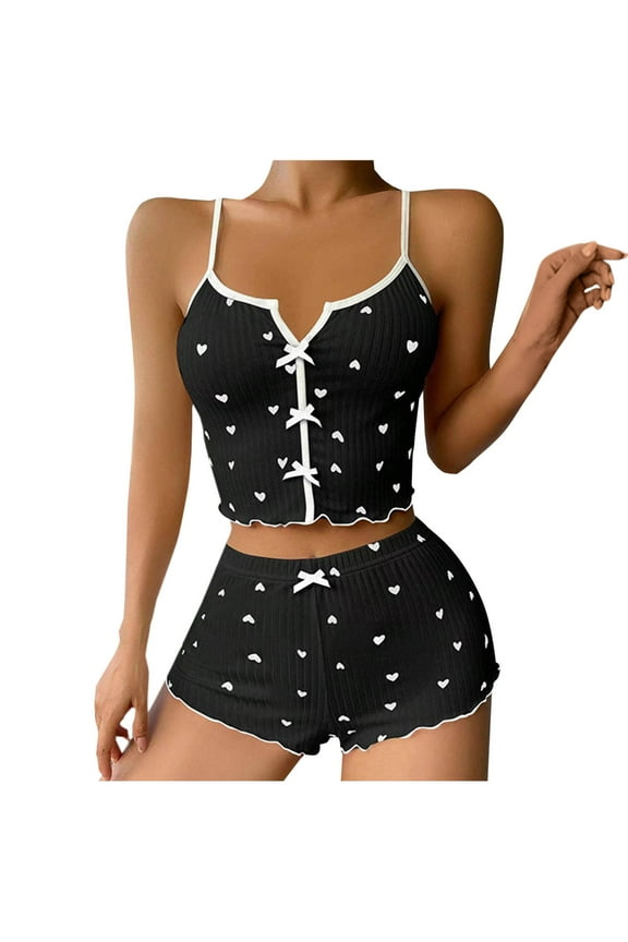 Pajama Sets for Women Sleepwear Heart Printed Bowknot Crop Cami Tops and Shorts Sets Pjs Loungewear