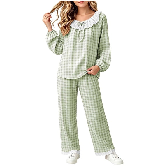 BLVB Pajamas Set for Girls Plaid Long Sleeve Lace Crewneck Tops Long Pants Lounge Set Cute Pj Sets Sleepwear 2-17T(Green,12-13Years)