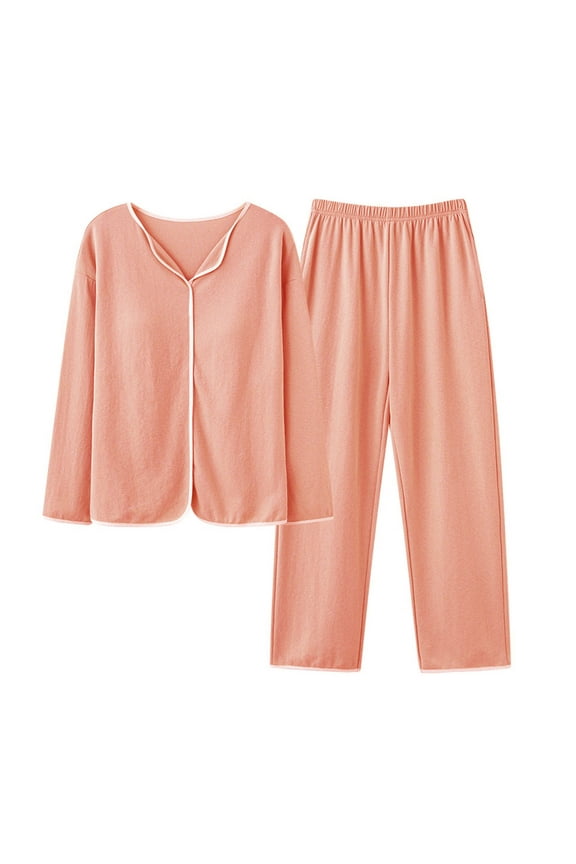 Pajamas Set for Women Long Sleeve Sleepwear Nightwear with Long Pants Soft Summer Fall Solid Color Pjs Lounge Set