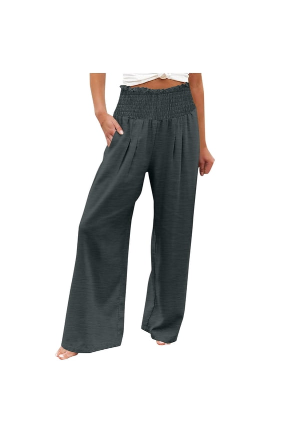 Palazzo Pants for Women Summer Fashion Flowy Boho Wide Leg Pants Smocked Waist Loose Beach Trousers with Pockets