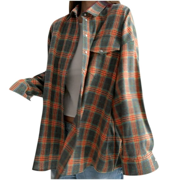 BLVB Plaid Shirts for Women Plaid Button Down Shirts Oversized Long Sleeve Casual Loose Blouse Top Jacket Fall Outfits
