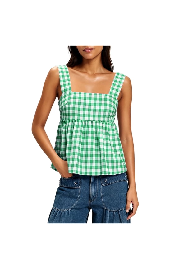 Plaid Tank Top Women Sleeveless Backless Square Neck Bow Tie Ruffle Peplum Camisole Going out Cami Shirts Blouse