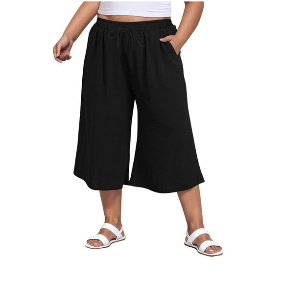 BLVB Plus Size Capri Pants for Women Baggy Flowy Beach Capris High Waist Drawstring Palazzo Cropped Trousers with Pockets