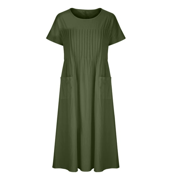 BLVB Plus Size Summer Dresses for Women Crewneck Short Sleeve Cotton Linen Dress Casual Loose Midi Dress with Pockets