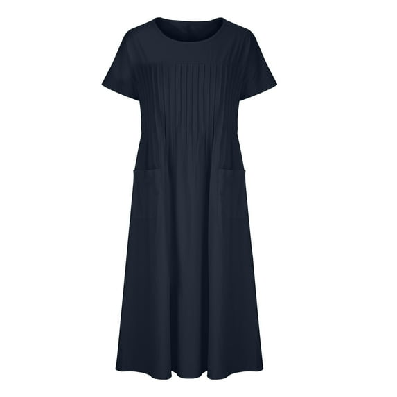 BLVB Plus Size Summer Dresses for Women Crewneck Short Sleeve Cotton Linen Dress Casual Loose Midi Dress with Pockets