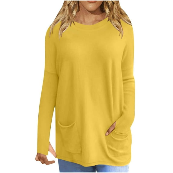BLVB Plus Size Tops for Women Casual Round Neck Long Sleeve Basic Shirts Loose Solid Color Spring Blouse with Pockets