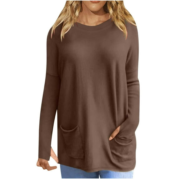 BLVB Plus Size Tops for Women Casual Round Neck Long Sleeve Basic Shirts Loose Solid Color Spring Blouse with Pockets