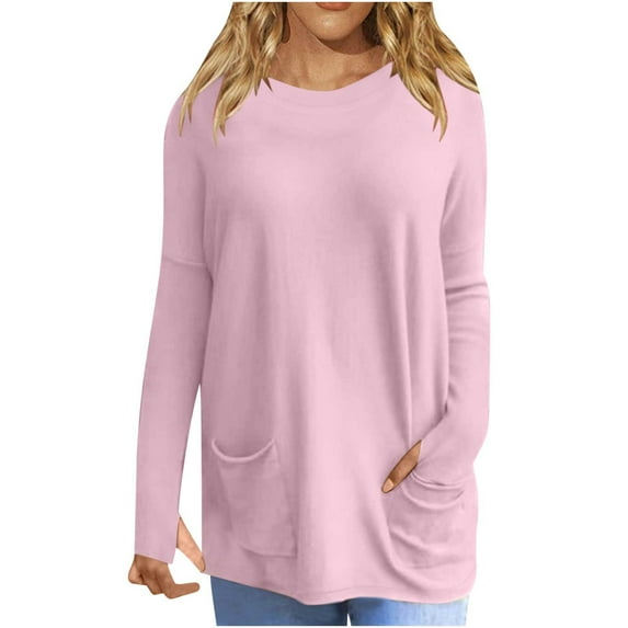 BLVB Plus Size Tops for Women Casual Round Neck Long Sleeve Basic Shirts Loose Solid Color Spring Blouse with Pockets